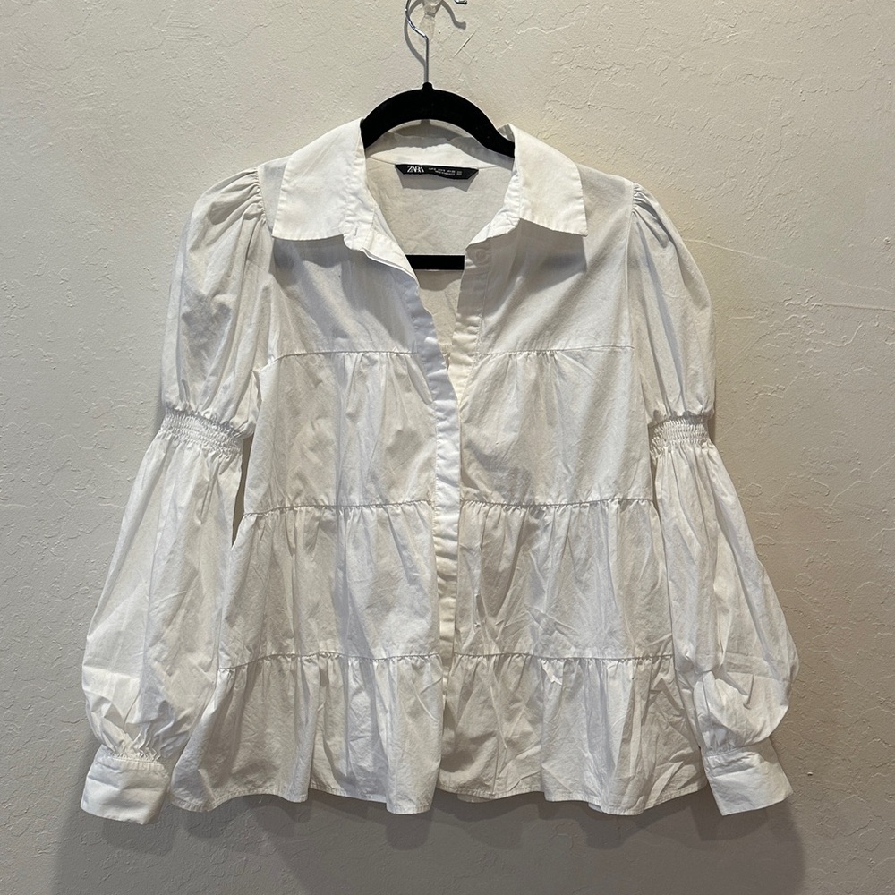 Zara Poplin Tiered Blouse with Puff Sleeves